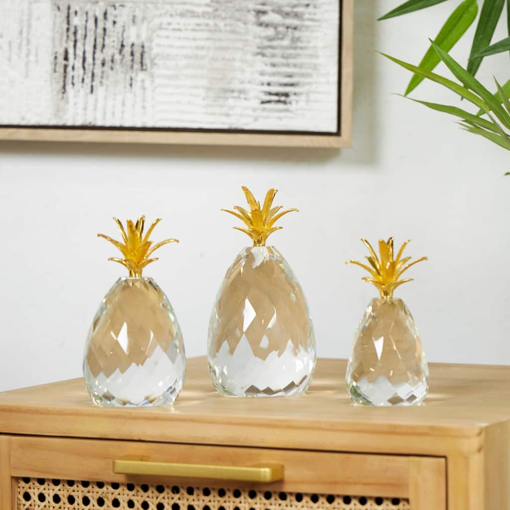 Clear Crystal Faceted Pineapple Fruit Decorative Sculpture with Gold Leaves (Set of 3)