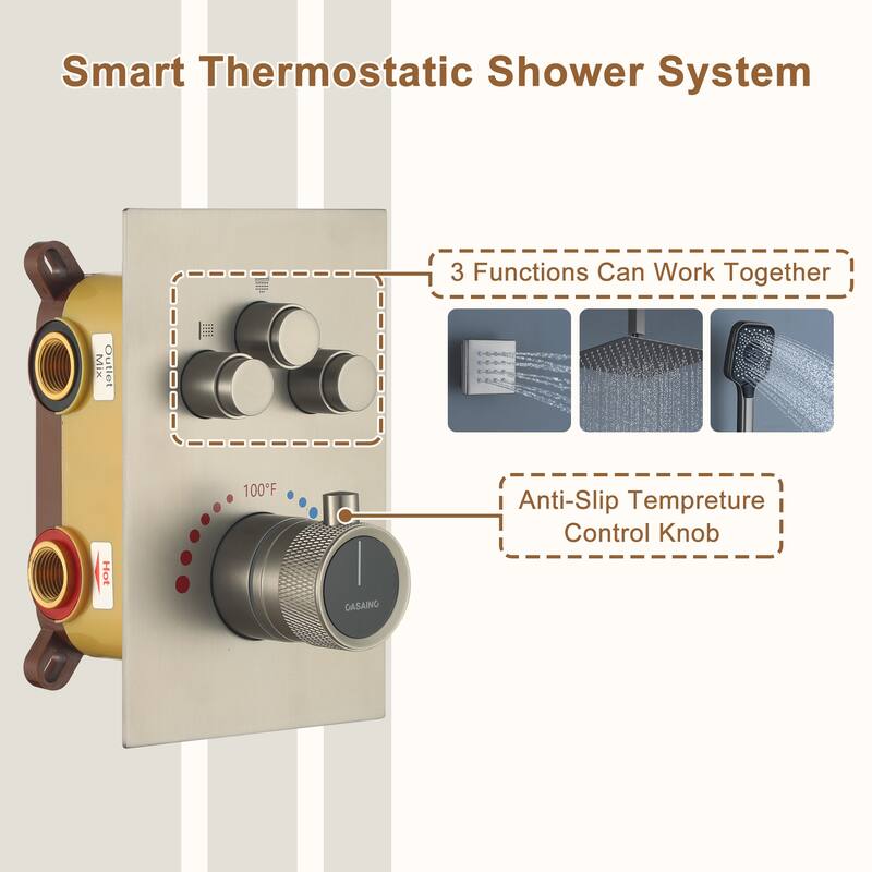 Celling Mount 12 Inch Rainfall Shower Head 3 Function Thermostatic Shower System with 6 Body Jets
