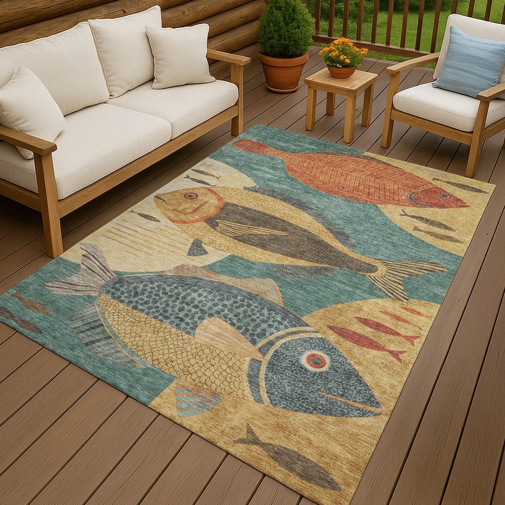 Machine Washable Indoor/ Outdoor Modern Fish Chantille Rug