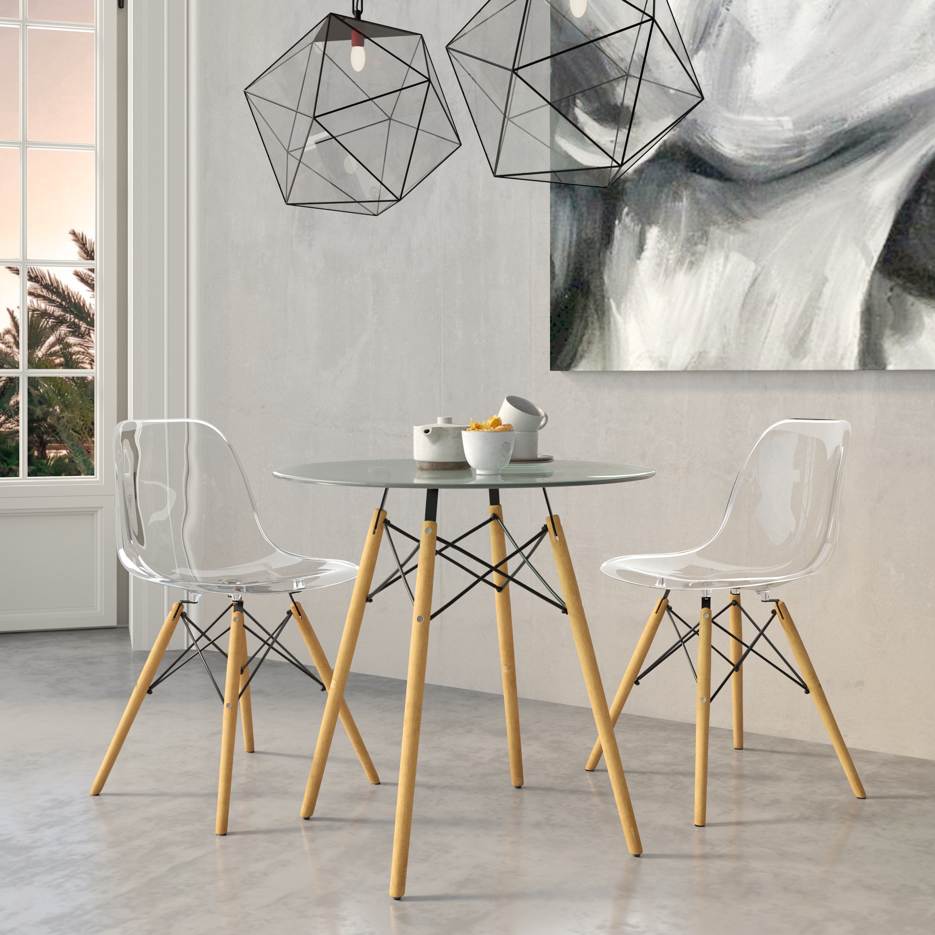 Cresco Clear Acrylic Dining Chair Set of 2 - Solid Wood Legs Accent Side Seat - Minimalist Modern Home Office Kitchen Chairs