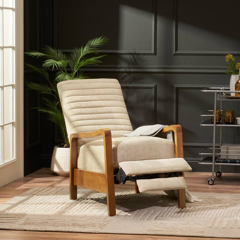 Small Wood Frame Recliner Club Chair with Retractable Footrest Living Room Lounge Armchair Upholstered Reading Chair for Bedroom