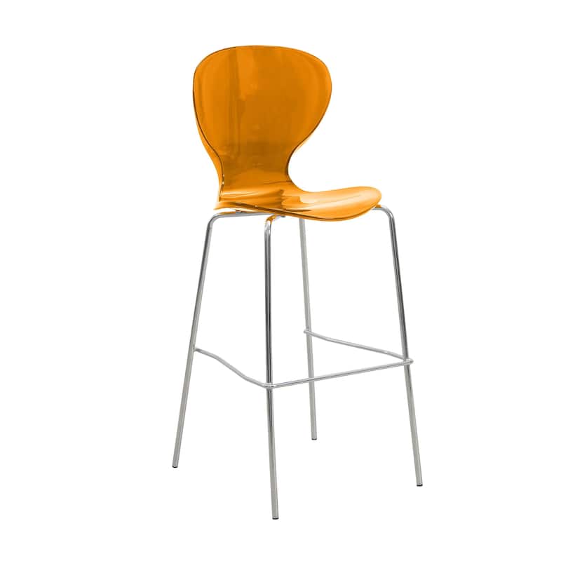 30 in. Seat Height Acrylic Plastic Barstool in Chrome Steel Frame Armless with Footrest - Transparent Orange