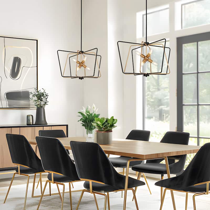Modern 6-Light Geometric Black and Gold Chandelier Adjustable Height Light Fixture for Large Spaces - 31.4" × 17.3"