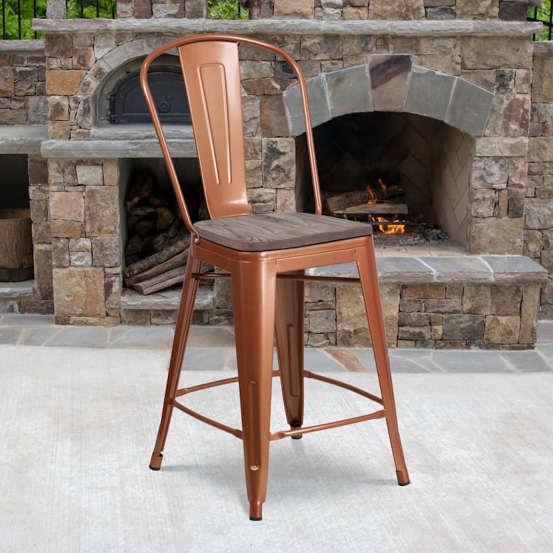 24" High Metal Counter Height Stool with Back and Wood Seat - 17.75"W x 22"D x 40.25"H - 17.75"W x 22"D x 40.25"H - Copper