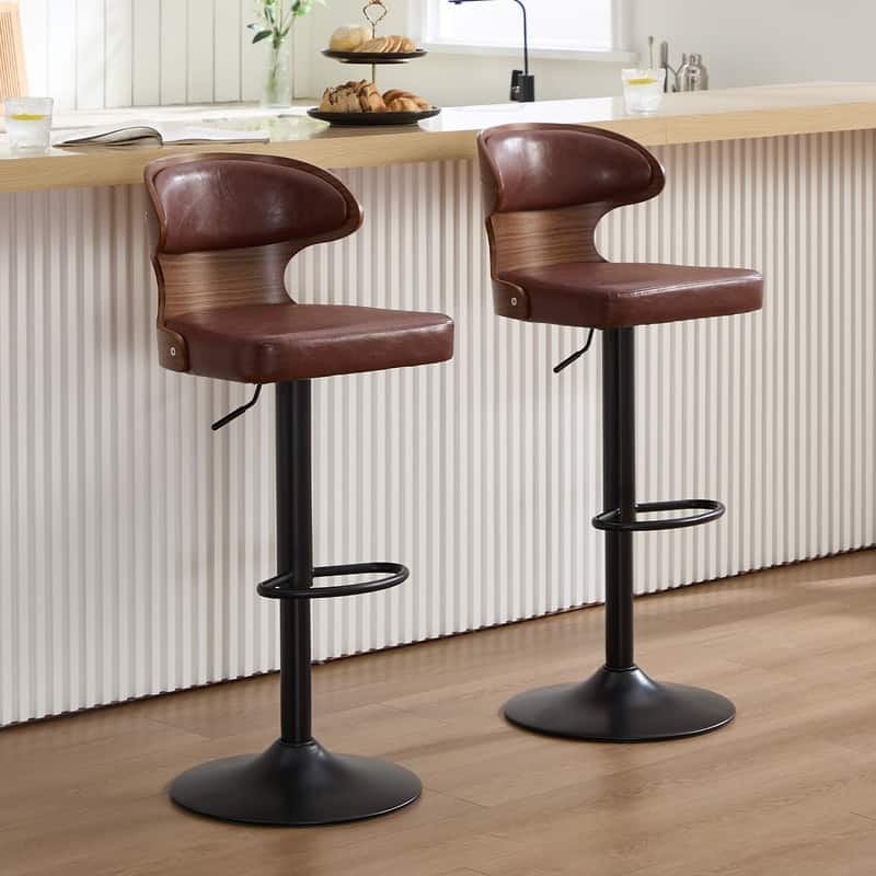 PU Leather Upholstered Curved Backrest 360° Swivel Adjustable Height Bar Stools with Footrest(set of 2) - Brown