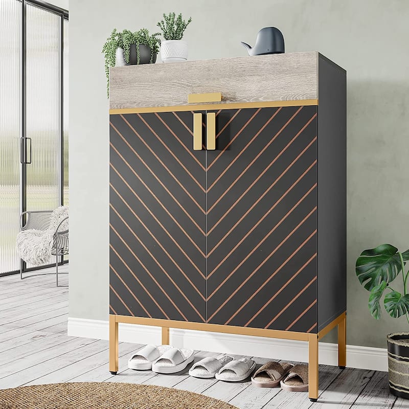 Modern Shoe Cabinet with Drawers, 4-Tier Shoe Rack Storage Organizer with Removable Shelves, Gray/Gold - 1PCS