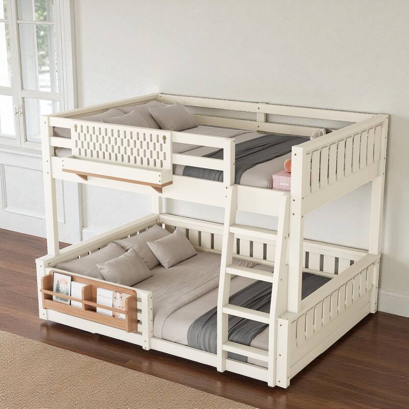 Full XL over Queen / Full over Queen Bunk Bed with Ladder, Guardrails, Pegboard & Built-In Bookshelf, Solid Wood Frame