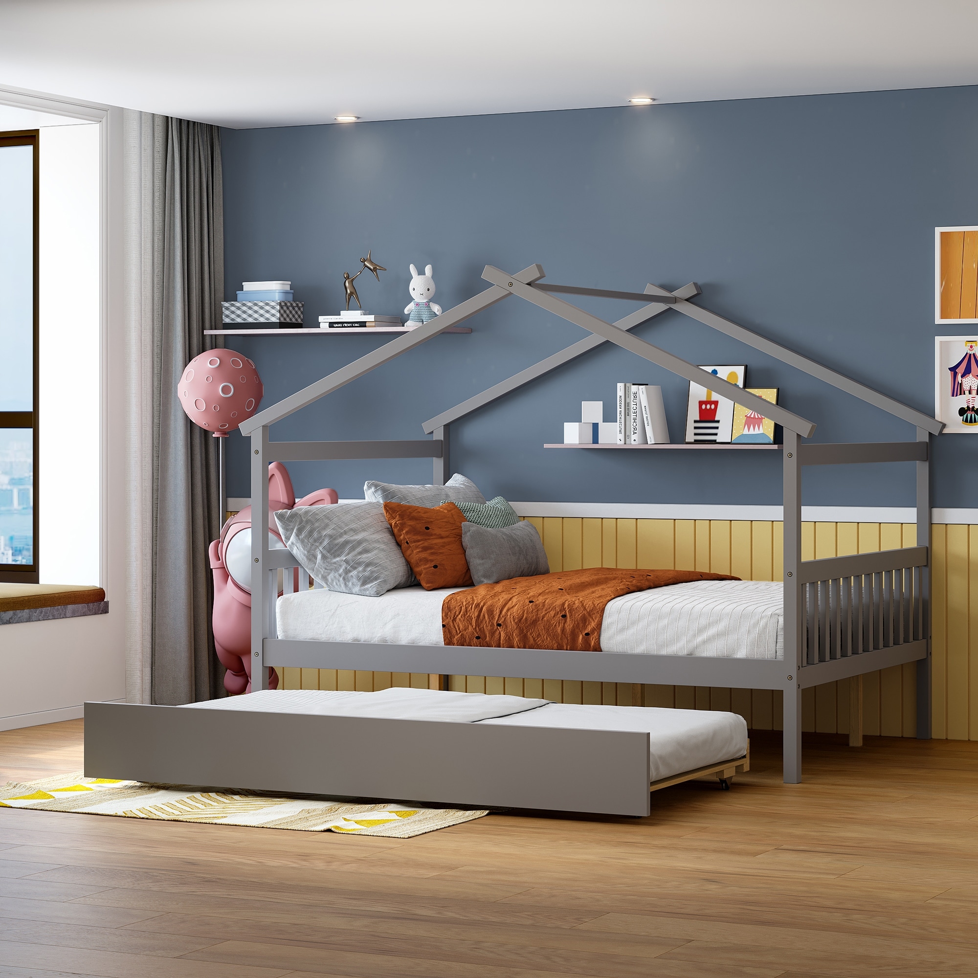 Full Imaginative House Daybed with Headboard for Kids Girls Boys