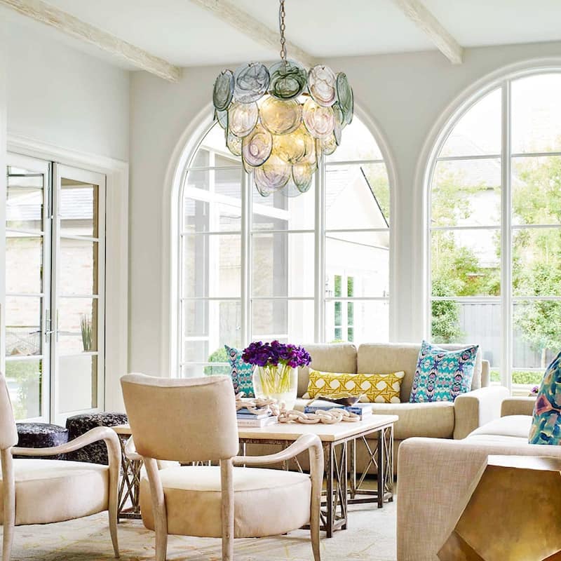 Glam Tiered Pearlescent Green Misty Glass Round Chandelier