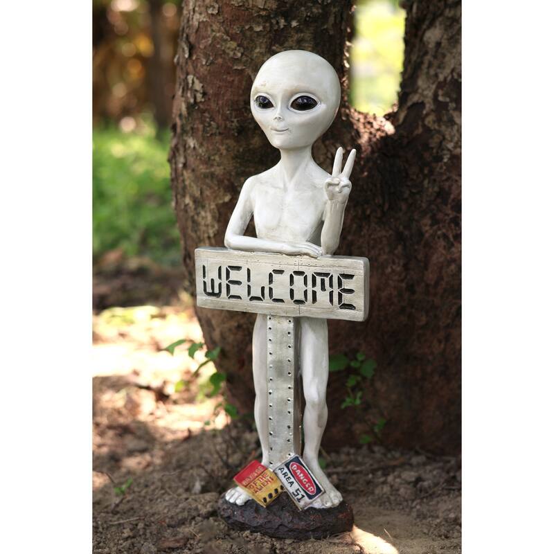 Alien with Welcome Sign Outdoor Garden Statue - 17"