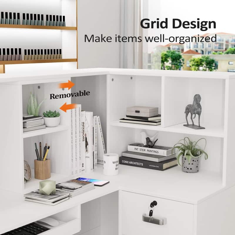 L-Shaped Modern Reception Desk Front Desk with Moveable Shelves and Lockable Drawers