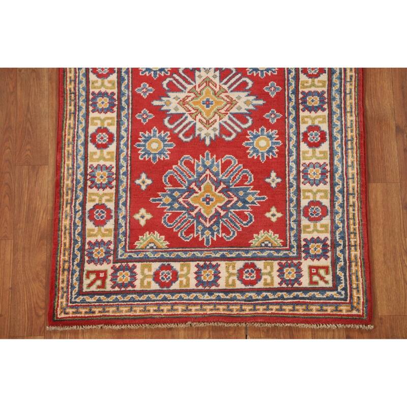 Geometric Kazak Accent Rug Hand-Knotted Traditional Wool Carpet - 2'8" x 3'11"