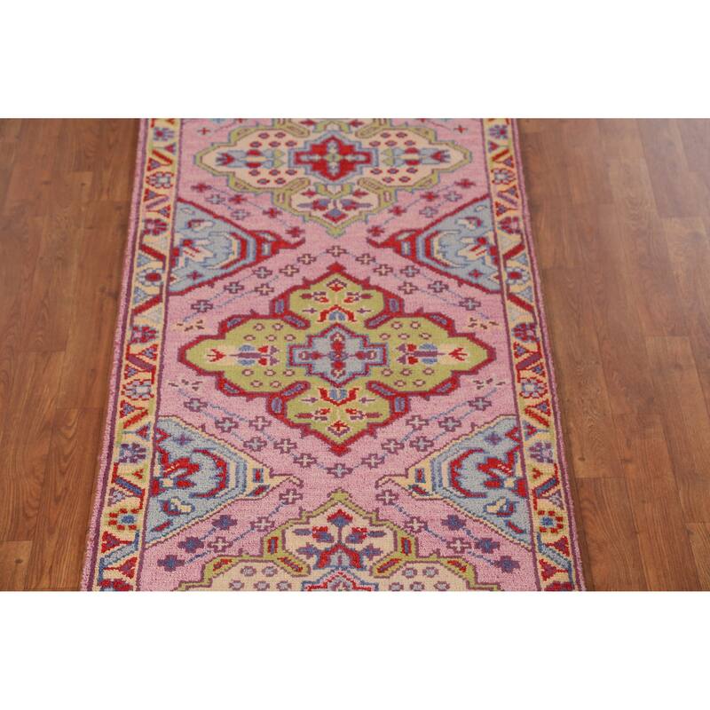 Pink Geometric Heriz Serapi Indian Runner Rug Handmade Wool Carpet - 2'8" x 9'9"