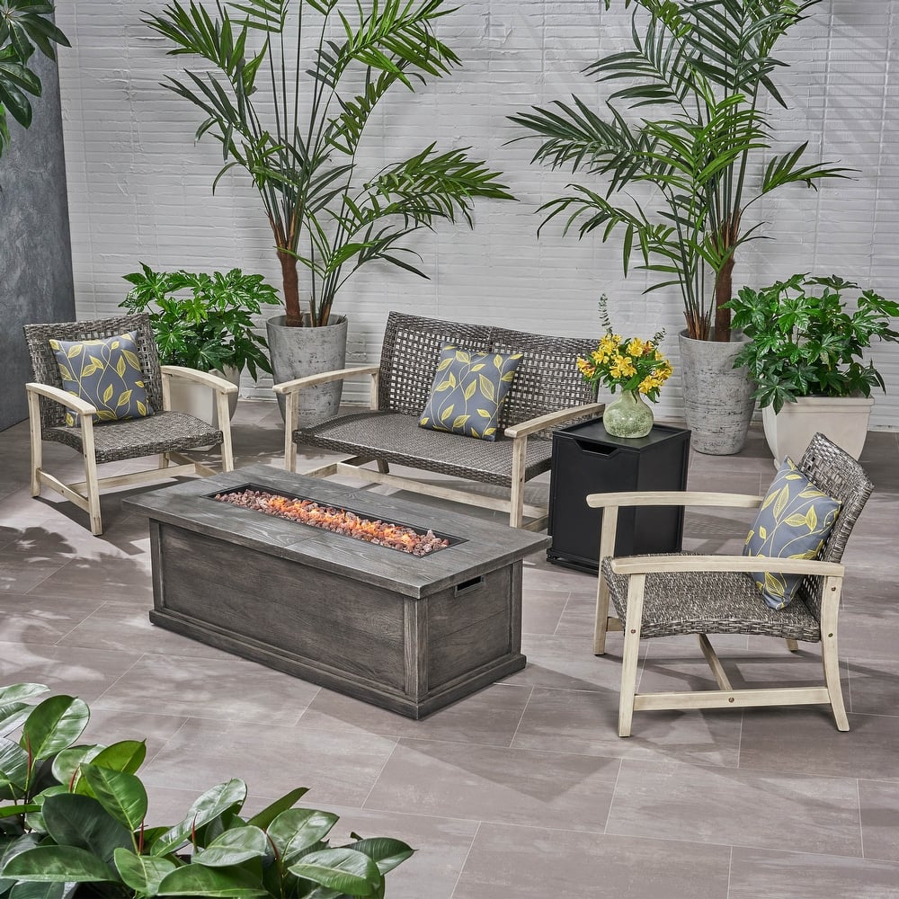 Breakwater Outdoor 5 Piece Wood and Wicker Chat Set with Fire Pit by Christopher Knight Home