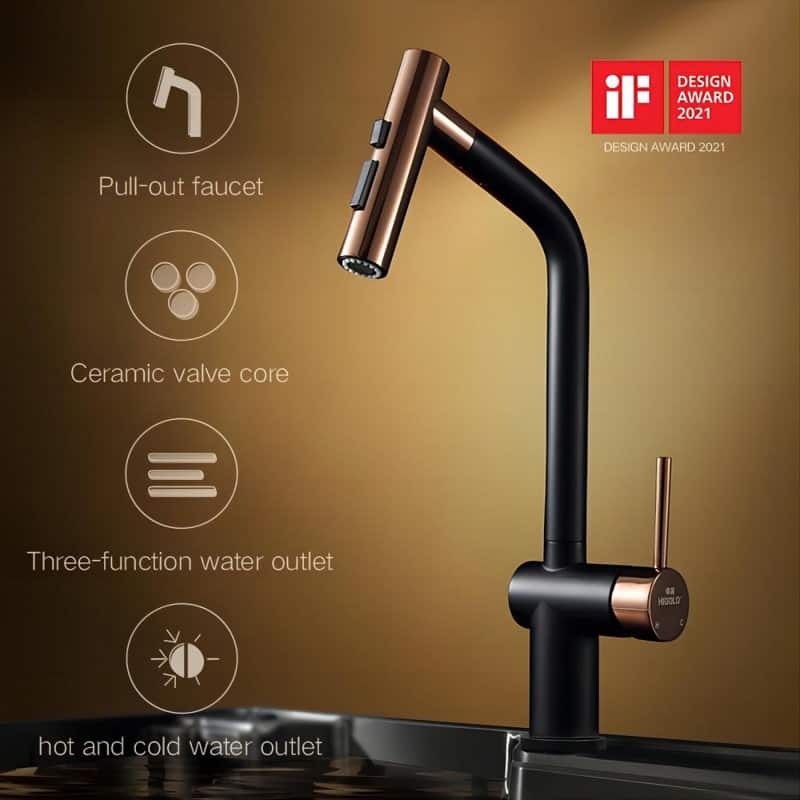 HIGOLD Kitchen Faucet with Pull Down Sprayer, Cold & Hot Water Function