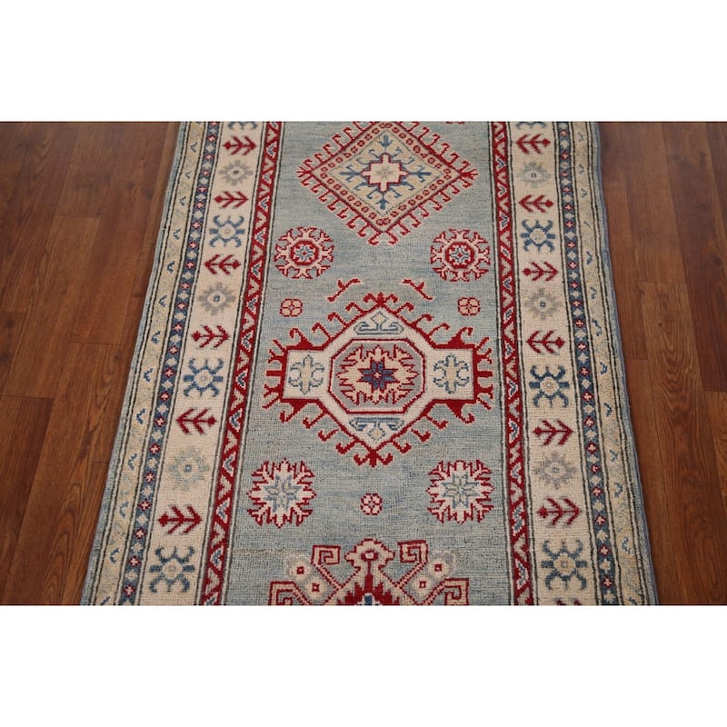 Geometric Kazak Oriental Runner Rug Hand-Knotted Blue Wool Carpet - 2'3" x 13'2"