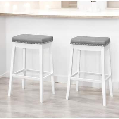 HomeRoots Set of Two 30 " Gray And White Faux Leather And Solid Wood Backless Bar Height Bar Chairs