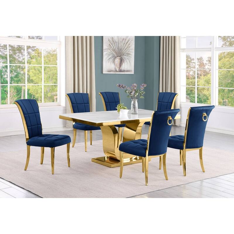 Best Quality Furniture D320-SC324-7 Dining Set with 66" White Marble Top