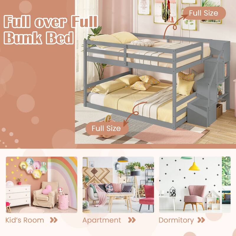 Costway Full Over Full Low Bunk Bed with Storage Stairs with