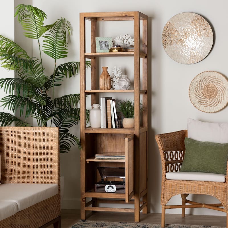 Sibu Storage Cabinet with Rattan Door - Tall Accent Display Tower with Open Shelves and Cabinet for Living Room or Bedroom