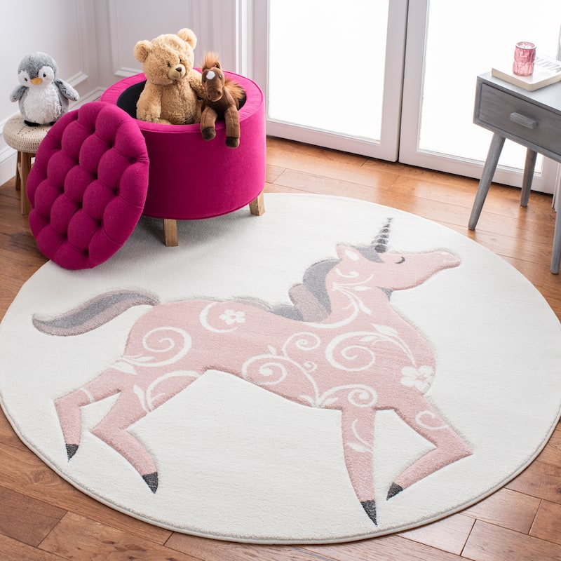 SAFAVIEH Carousel Kids Maronna Unicorn Rug - 6'7" x 6'7" Round - Ivory/Pink