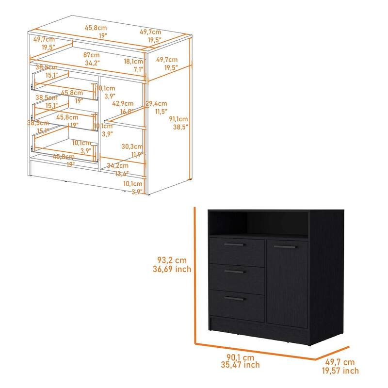 3-Drawer Dresser with Door Cabinet and Open Storage Shelf Featuring Smooth Glide Drawers and Compact Design