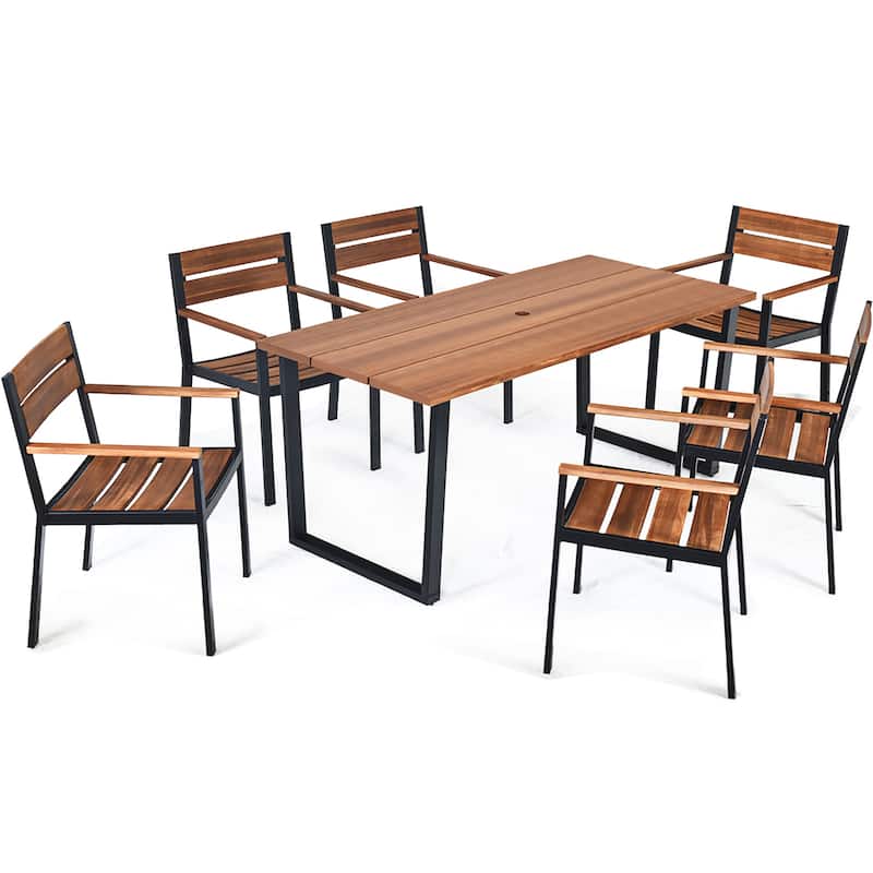 7PCS Outdoor Dining Set Patio Dining Furniture Set with Umbrella Hole - Brown, Black