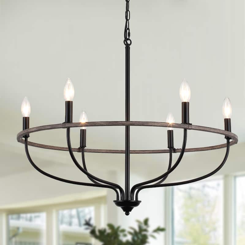 6-Light Wagon Wheel Chandelier, Traditional Metal Ceiling Light for Living Room Kitchen Island Dining Foyer - W28.34"x H25.19"