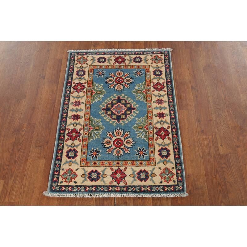 Light Blue Geometric Kazak Accent Rug Hand-Knotted Wool Carpet - 2'1"x 2'10"