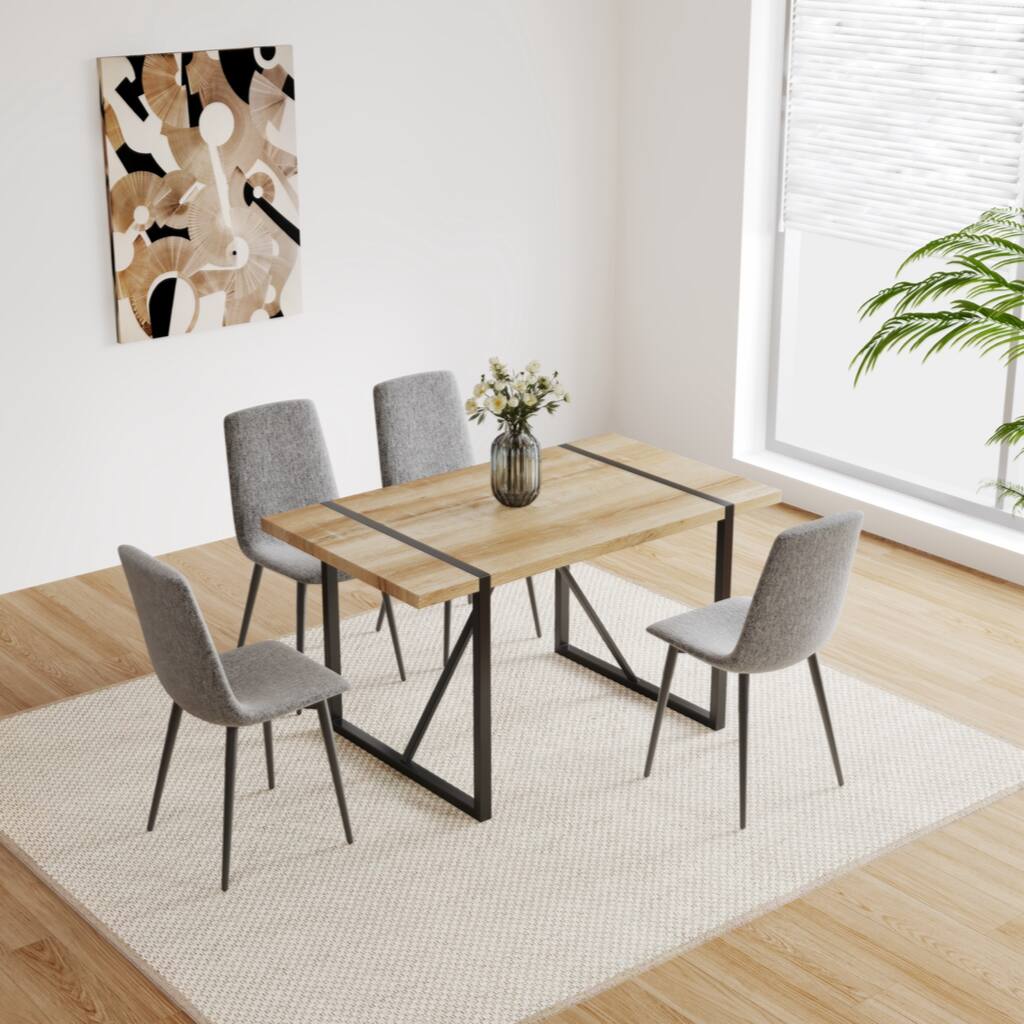 MDF Wood Colour Dining Table and Modern Dining Chairs Set of 4, Dining Room Table and Linen Chairs