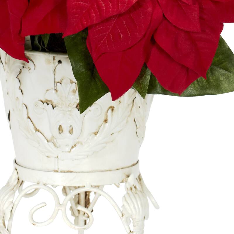 21" Red Poinsettia Artificial Silk Flower Arrangement Metal Planter