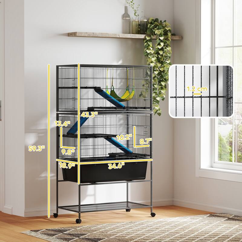 PawHut 59" 5-Level Small Animal Cage, Rolling Ferret Chinchilla Cage with Slide Out 6.3" Deep Tray, Dark Gray
