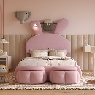 Twin Upholstered Platform Bed Cute Rabbit Design Kids Bed, Velvet Upholstered Bed Frame with 2 Ottoman and LED Light, Pink