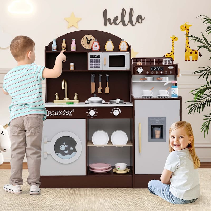 Pretend Kids Kitchen Playset Wood Toy Kitchen w/Sound for Aged 3+