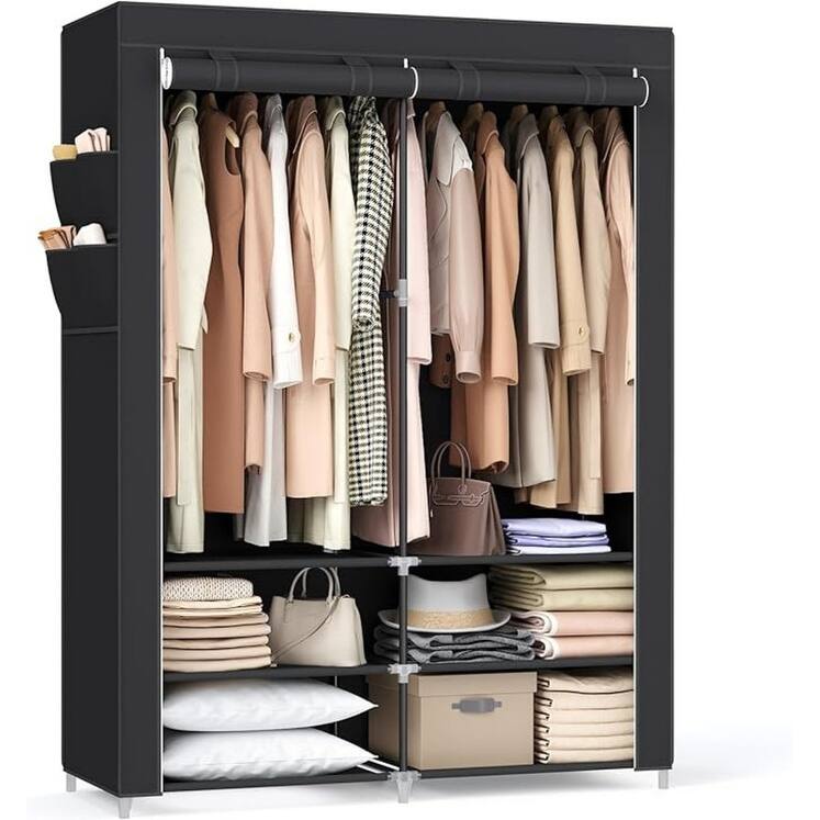 Portable wardrobe with shoe rack and shoe covers, 2 hanging rails, shelves and 4 side pockets - Black