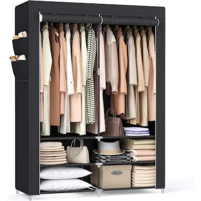 Portable wardrobe with shoe rack and shoe covers, 2 hanging rails, shelves and 4 side pockets