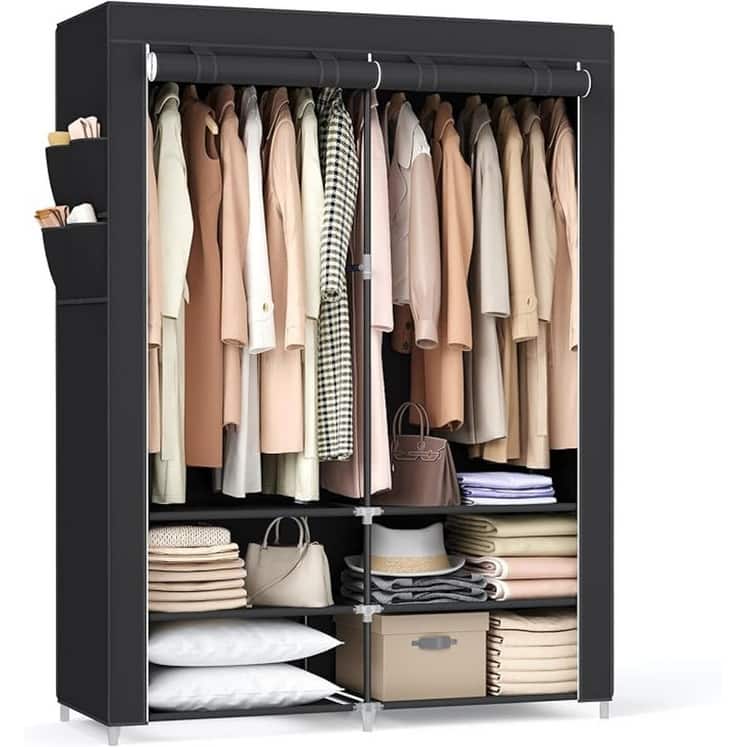 Portable wardrobe with shoe rack and shoe covers, 2 hanging rails, shelves and 4 side pockets