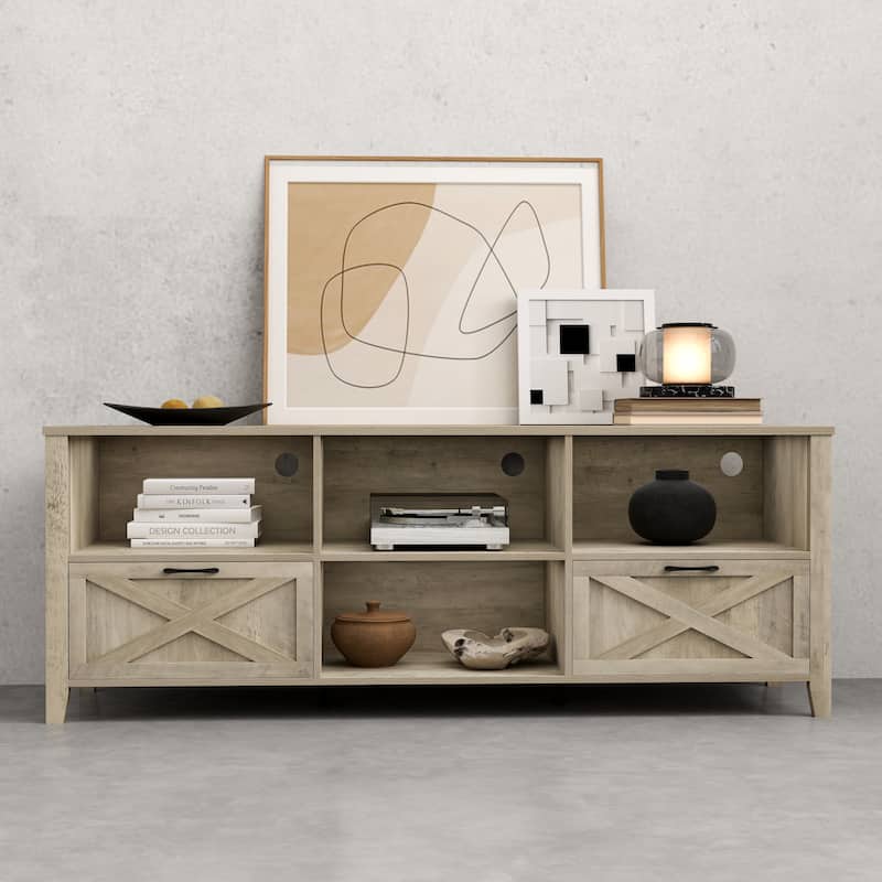 Moasis 70"W Farmhouse TV Stand with Lights - Gray Wood