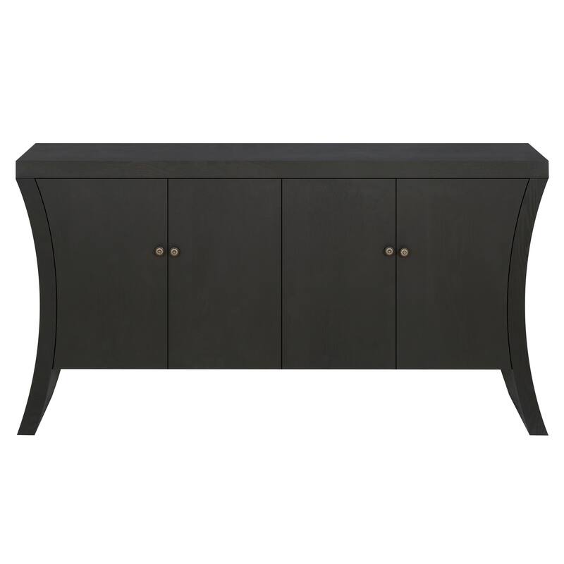 Roomfitters Refined Industrial 4-Door Credenza with Sculptural Wooden Arc Legs & Bronze Clasps, Storage Sideboard