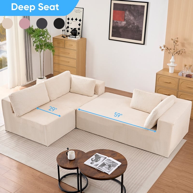 Mixoy 3-Pcs Free Combination Modular Sectional Sofas,Corduroy Compressed L-Shaped Sofa with Flexible Configuration - 3-Seater