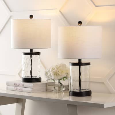Charlotte 21" Modern Designer Iron/Water Glass LED Table Lamp with USB Charging Port, Black/Clear (Set of 2) by JONATHAN Y