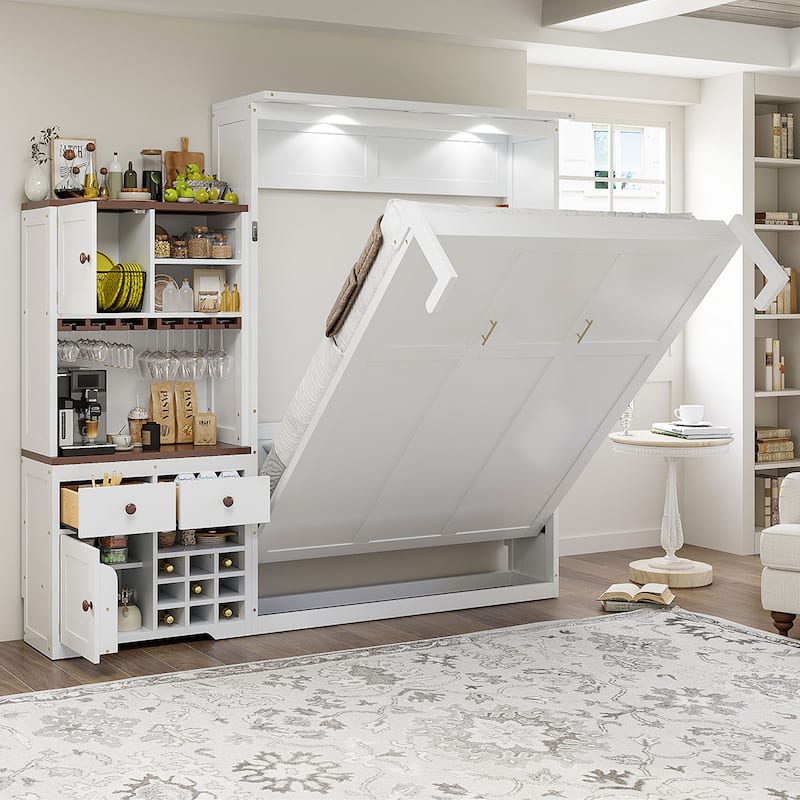 All-in-one Murphy Bed Queen Size Storage Bed Cabinet with Wine Rack, Glass Holder, Drawers, Open Shelves and LED Lights