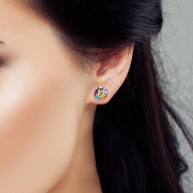 Miadora Yellow Plated Sterling Silver Multi-Color Halo Floral Stud Earrings