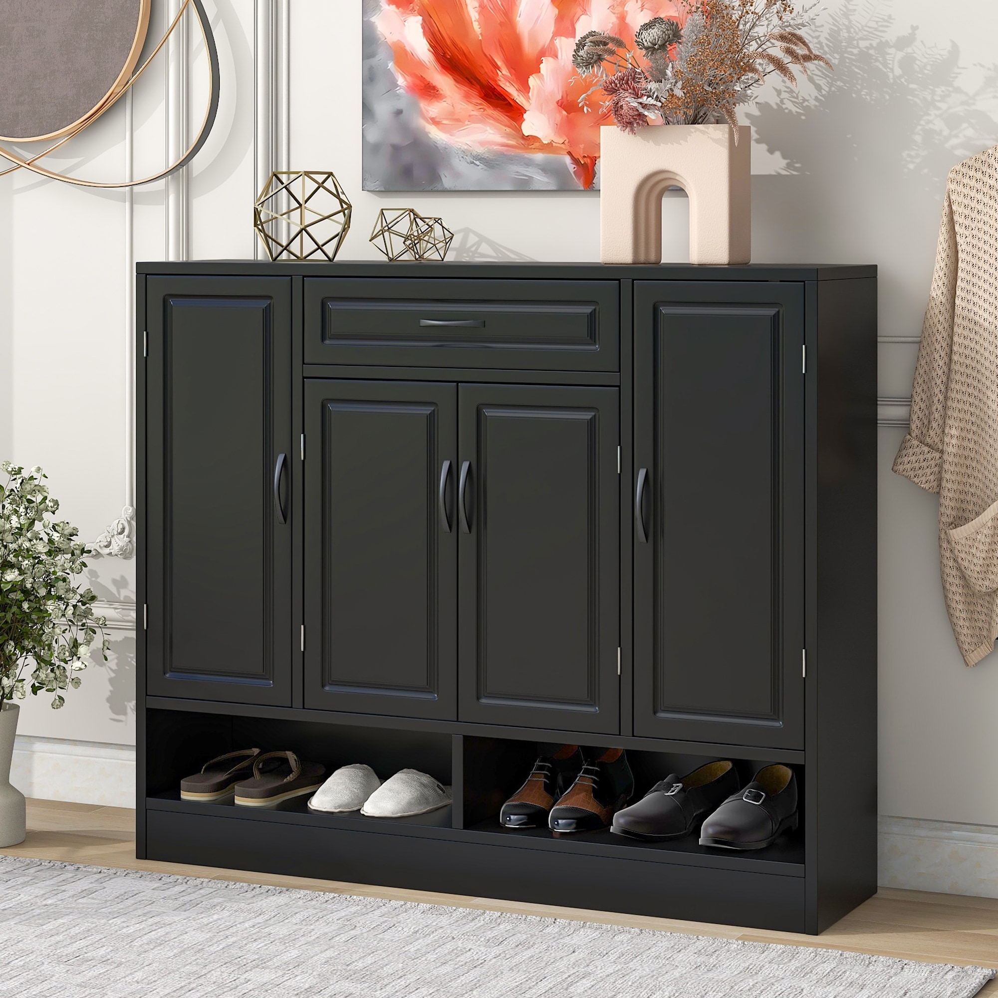 Freestanding Shoe Storage Cabinet, Narrow Slim Hidden Shoe Organizer, Entryway Shoe Rack with Adjustable Shelves & Drawer