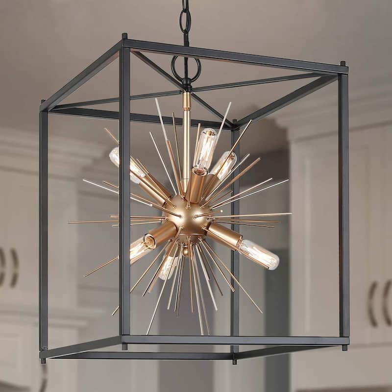 Twink Modern Black Gold 6-light Square Chandelier Starburst Pendant Light for Dining Room