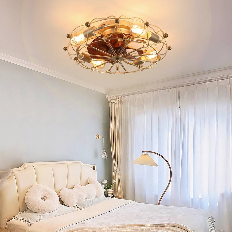 Modern Flush Mount Ceiling Fan Light with Light and Remote Control, Cage Design for Bedroom and Living Room