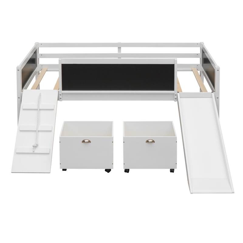 Twin Size Loft Bed with Three Blackboards, Two Storage Boxes, and Slide, Perfect for Kids' Bedroom Playtime