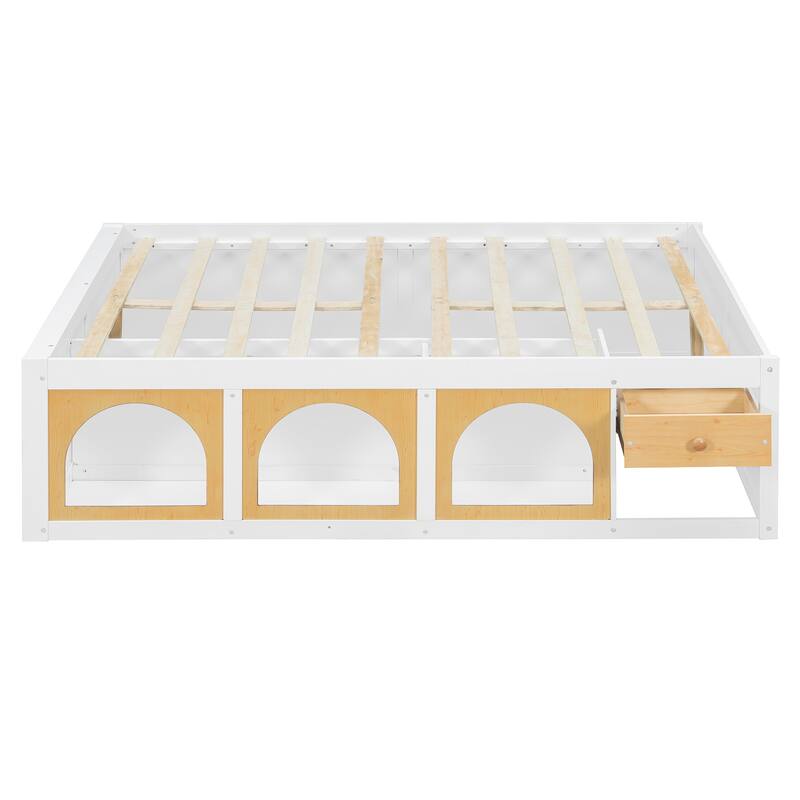 Wooden Platform Bed with Footboard Bookshelf, LED Display Cabinet and Drawer Storage by Harper&Bright Designs