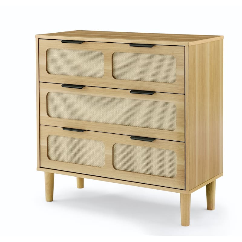 Modern Rattan Dresser Farmhouse Wooden Storage Cabinet with 3 Wide Drawers and Metal Handles, for Room Living Room Hallway