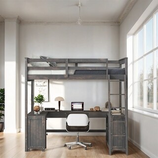 Full Size Wood Loft Bed with Desk, Drawers and Storage Shelves